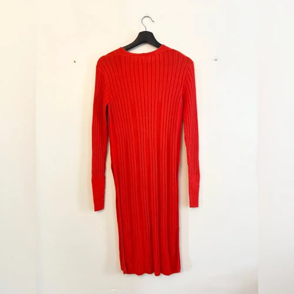 FREE PEOPLE red orange Ribbed Knit dress tunic V-neck Side Slit Sweater cotton